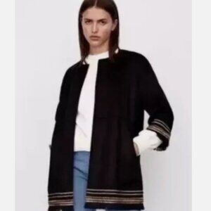 Zara Women's Medium Black Open Front Cardigan Jacket Embroidered Trim Boho Chic